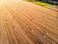 Aerial drone top scenic sunset view of many rolled hay bales on harvested golden wheat field at countryside against blue Royalty Free Stock Photo