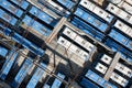 Aerial drone top view of abandoned transport Blue buses parking. shabby and broken vehicle. Junkyard of buses Cyprus