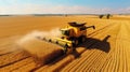 Aerial drone top view Big powerful industrial combine harvester machine reaping golden ripe wheat cereal field on bright summer or Royalty Free Stock Photo