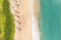 Aerial drone top view crowd of happy people relax at tropical Beach with sunset in Phuket, Thailand, Beautiful Phuket beach is