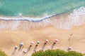 Aerial drone top view crowd of happy people relax at tropical Beach with sunset in Phuket, Thailand, Beautiful Phuket beach is Royalty Free Stock Photo