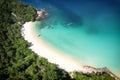 Aerial drone top view crowd of happy people relax at tropical Beach with sunset in Phuket, Thailand, Beautiful Phuket beach is Royalty Free Stock Photo