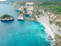 Aerial drone top view diamond beach in Nusa Penida, Bali, Indonesia with amazing turquoise blue ocean