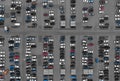 Aerial drone top view over cars on parking