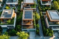 Aerial drone top view photo of modern urban development with solar panels on the house rooftops Architectural solution for country