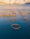 Aerial drone top view of sea fish farm cages and fishing nets, farming dorado, sea bream and sea bass, feeding the fish a forage,