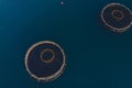 Aerial drone top view of sea fish farm cages and fishing nets, farming dorado, sea bream and sea bass, feeding the fish a forage,