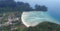 Aerial drone video of Loh Lana Bay beach, part of iconic tropical Phi Phi island