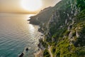 Western Corfu sunset coast with Mirtiotissa beach, Greece Royalty Free Stock Photo