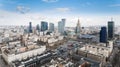 Aerial drone view from above of Warsaw city center skyline