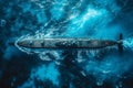 Aerial drone view of advanced naval submarine navigating in deep blue open sea expanse Royalty Free Stock Photo