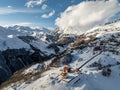 Aerial drone view of Gudauri ski resort in winter. Caucasus mountains in Georgia. Amaglebis eklesia church top hill in Gudauri, Royalty Free Stock Photo