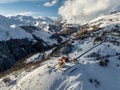 Aerial drone view of Gudauri ski resort in winter. Caucasus mountains in Georgia. Amaglebis eklesia church top hill in Gudauri, Royalty Free Stock Photo