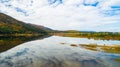 Aerial drone view of amazing autumn colors on the lake. Cerknisko lake, Slovenia