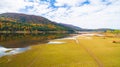 Aerial drone view of amazing autumn colors on the lake. Cerknisko lake, Slovenia