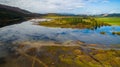 Aerial drone view of amazing autumn colors on the lake. Cerknisko lake, Slovenia