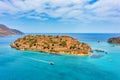 Aerial drone view of the ancient island of Spinalonga on the Greek island of Crete