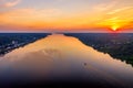 Aerial drone view of ancient russian town Ples on the Volga river with colorful sunset