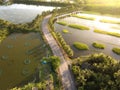 Aerial drone view of asphalt road with rural farmland landscape. Beautiful aerial landscape