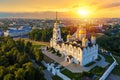 Aerial drone view of Assumption Cathedral in the city center of Vladimir with Klyazma river with summer sunny day sunset