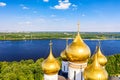 Aerial drone view of Assumption Cathedral and river Kotorosl in summer. Yaroslavl city, touristic Golden Ring in Russia