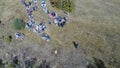 Aerial drone view of ATV quads on a dirt trail in forests. Off-road group team club enthusiasts having fun while driving