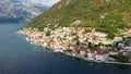 Aerial drone view of authentic architecture of Perast and Kotor bay.