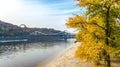 Aerial drone view of autumn pedestrian Park bridge, yellow fall trees, Truhaniv island, Dnieper river and Kyiv cityscape