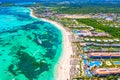 Aerial drone view of Bavaro Beach, Punta Cana resort in Dominican Republic. Travel and vacation background