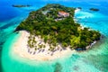 Aerial drone view of beautiful caribbean tropical island Cayo Levantado beach with palms. Bacardi Island, Dominican Republic. Royalty Free Stock Photo