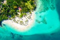 Aerial drone view of beautiful caribbean tropical island Cayo Levantado beach with palms. Bacardi Island, Dominican Republic. Royalty Free Stock Photo