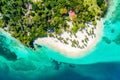 Aerial drone view of beautiful caribbean tropical island Cayo Levantado beach with palms. Bacardi Island, Dominican Republic. Royalty Free Stock Photo