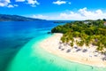 Aerial drone view of beautiful caribbean tropical island Cayo Levantado beach with palms. Bacardi Island, Dominican Republic. Royalty Free Stock Photo