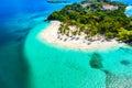 Aerial drone view of beautiful caribbean tropical island Cayo Levantado beach with palms. Bacardi Island, Dominican Republic. Royalty Free Stock Photo