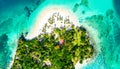 Aerial drone view of beautiful caribbean tropical island Cayo Levantado beach with palms. Bacardi Island, Dominican Republic. Royalty Free Stock Photo