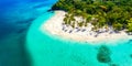 Aerial drone view of beautiful caribbean tropical island Cayo Levantado beach with palms. Bacardi Island, Dominican Republic. Royalty Free Stock Photo