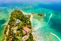 Aerial drone view of beautiful caribbean tropical island Cayo Levantado with palms. Bacardi Island, Dominican Republic. Vacation