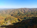 Aerial drone view of a beautiful landscape of forests and mountains on a sunny day