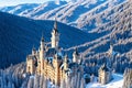 Aerial drone view of a beautiful Peles castle in Sinaia in the winter season, Transylvania, Romania made Royalty Free Stock Photo