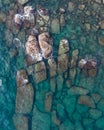 Aerial drone view of beautiful rocky with turquoise sea water of Gulf of Thailand. Kood island, Thailand. Royalty Free Stock Photo