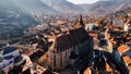 Aerial drone view of The Black Church in Brasov, Romania Royalty Free Stock Photo