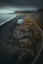 Aerial view of black sand beach and road, Iceland Royalty Free Stock Photo