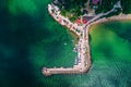 Aerial drone view of Black sea coast. Beautiful beach and fishing village. Euxinograd, Varna, Bulgaria Royalty Free Stock Photo