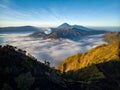 Aerial drone view of Bromo active volcano at sunrise,Tengger Semeru national park, Indonesia