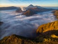 Aerial drone view of Bromo active volcano at sunrise,Tengger Semeru national park, Java, Indonesia