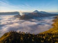 Aerial drone view of Bromo active volcano at sunrise,Tengger Semeru national park, Indonesia