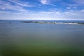 Aerial drone view of the Cedar Point amusement park under a blue cloudy sky Royalty Free Stock Photo