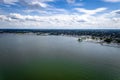 Aerial drone view of the Cedar Point neighborhood under a blue cloudy sky Royalty Free Stock Photo