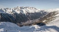 Aerial drone view of Chamonix city at the foot of snowy mountain Brevent