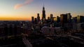 Aerial drone view of Chicago city skyline at sunset. Royalty Free Stock Photo